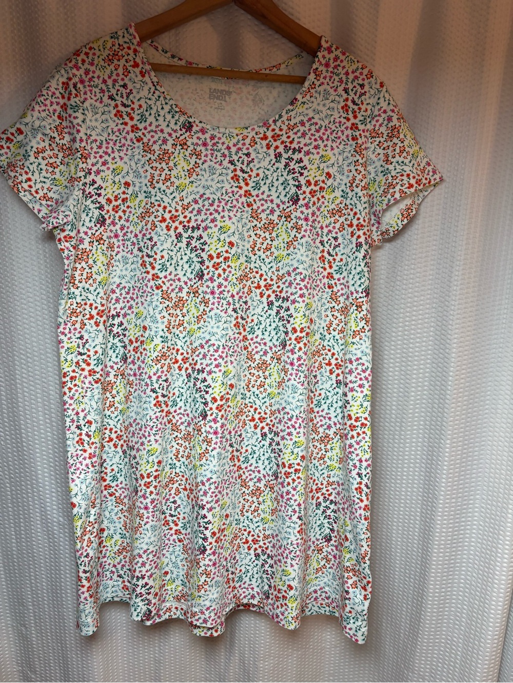 Lands’ End 100% cotton short sleeve colorful ditsy floral print A-line dress L